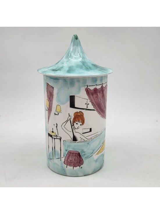 Ceramica Di Milano Other - MCM Ceramica Di Milano Italy Hand-Painted Porcelain Canister Retro Bath Scene